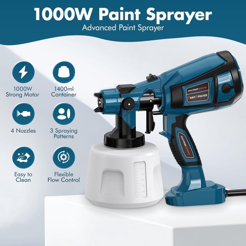 MirrorZone Paint Sprayer 1000W High Power Electric Spray Paint Gun with Adjustable Spray Width Knob,1400ML Container,4 Nozzles & 3 Patterns,Easy to Clean for Furniture Cabinets House Painting Blue - Image 2